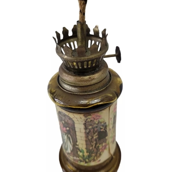 Vintage Amber Glass Hurricane Oil Lamp Hong Kong Religious Scene Paper 9¼"H - Picture 6 of 12